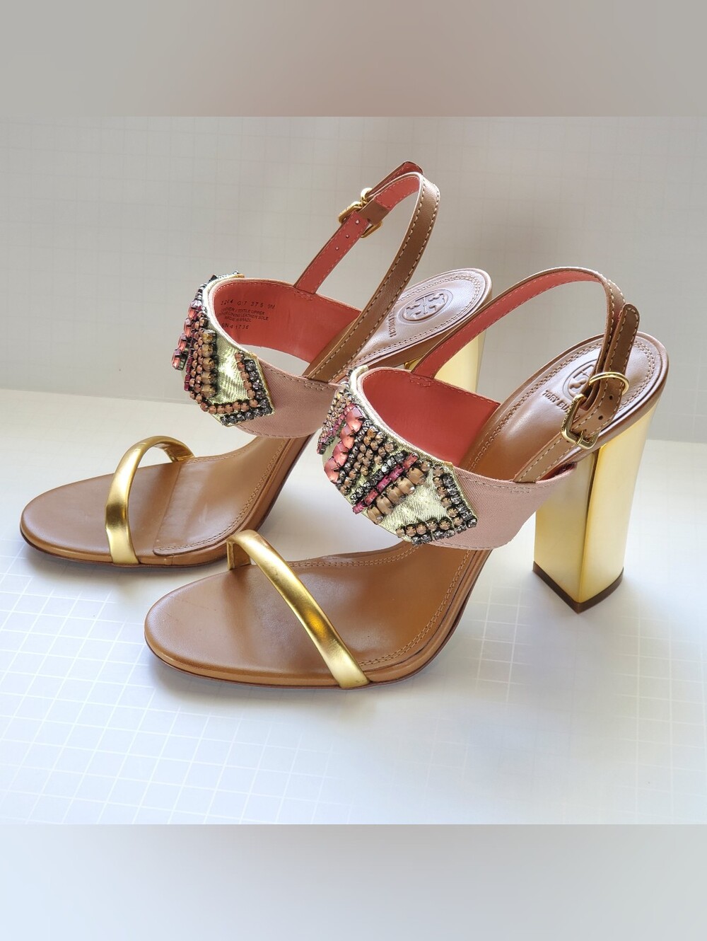 Tory Burch Pink Tan and Gold Embellished Slingback Sandal Heels Size 9